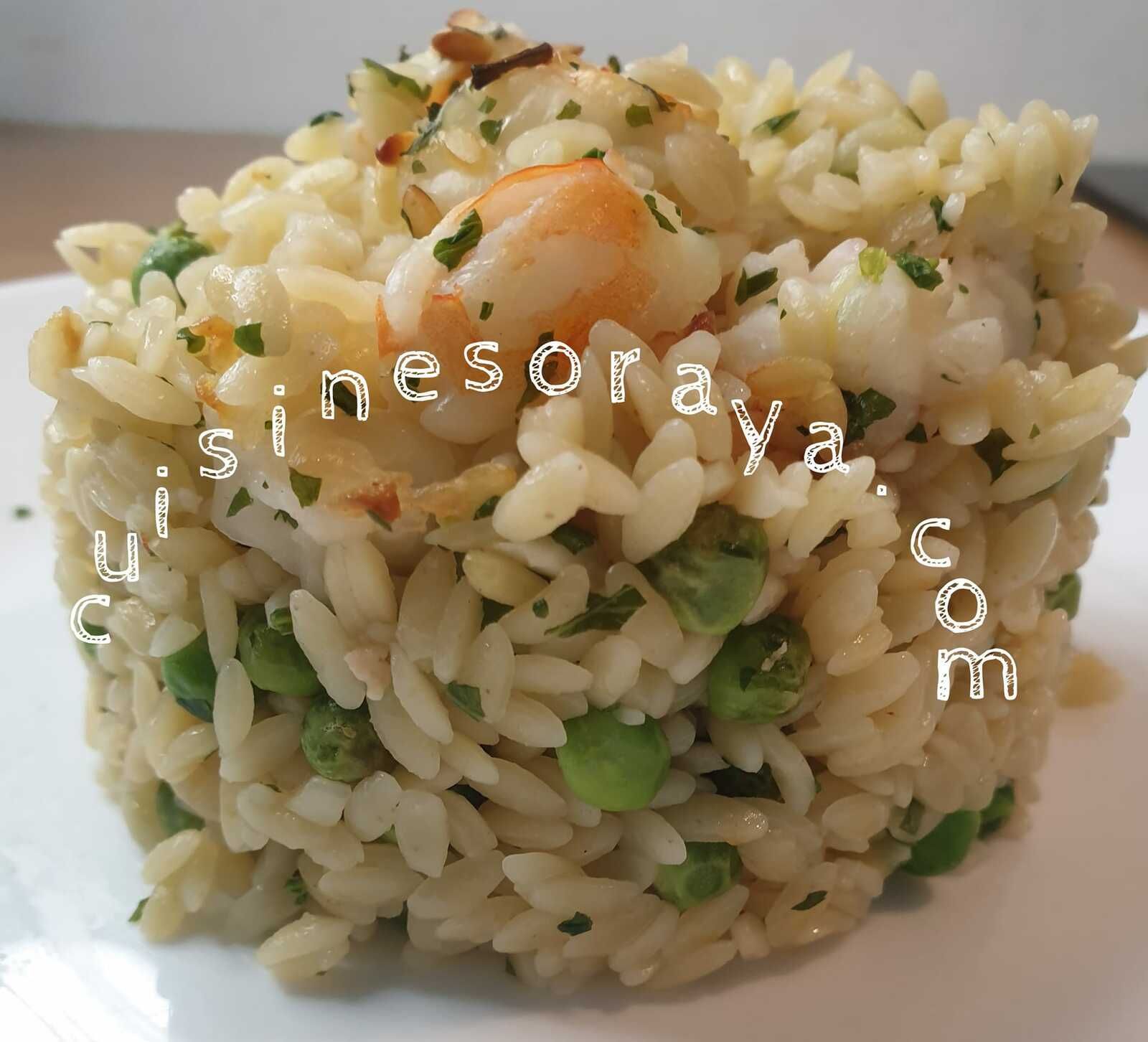 Risoni aux crevettes et petits pois au four